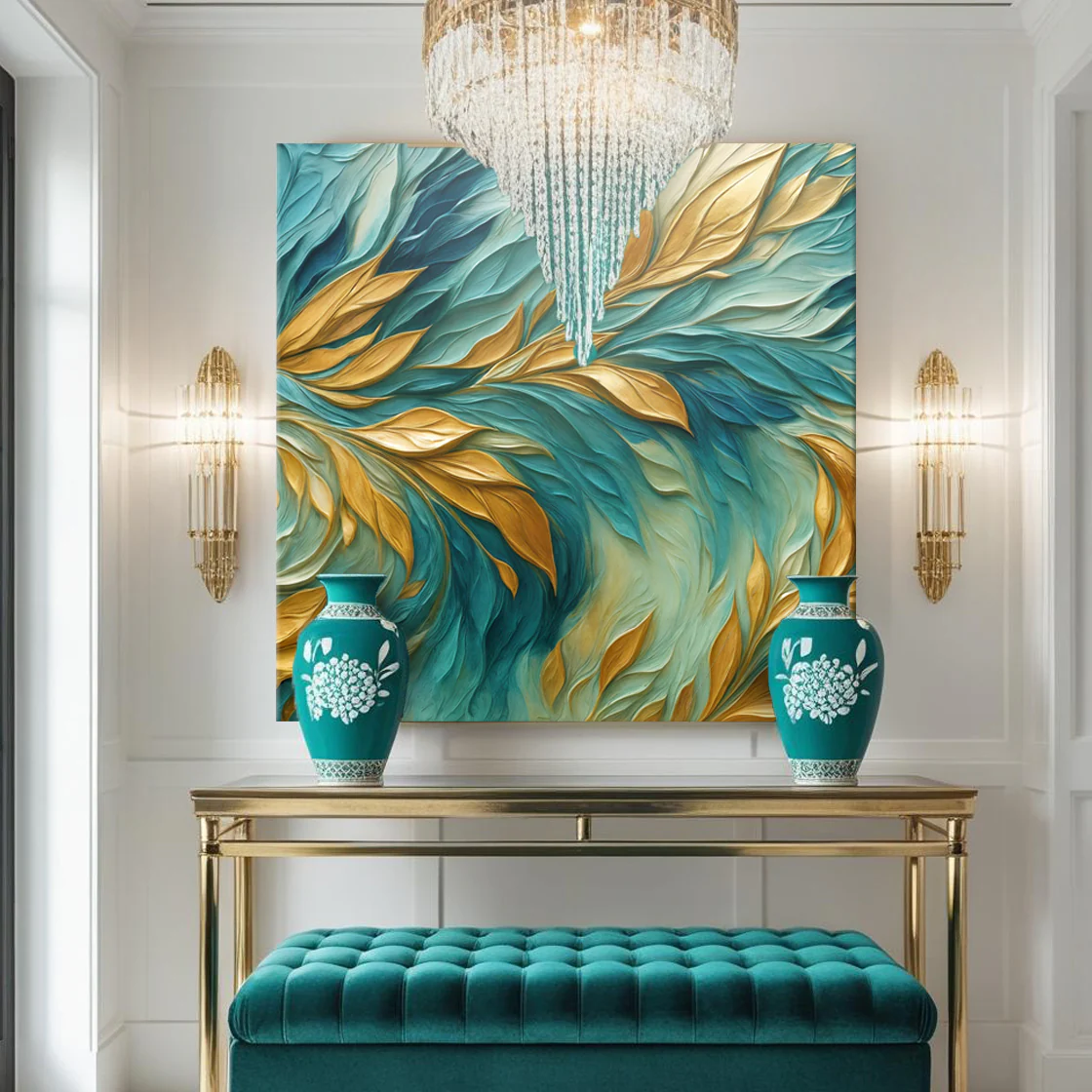 Abstract Gold And Blue Frosty Wall Art - Image 3