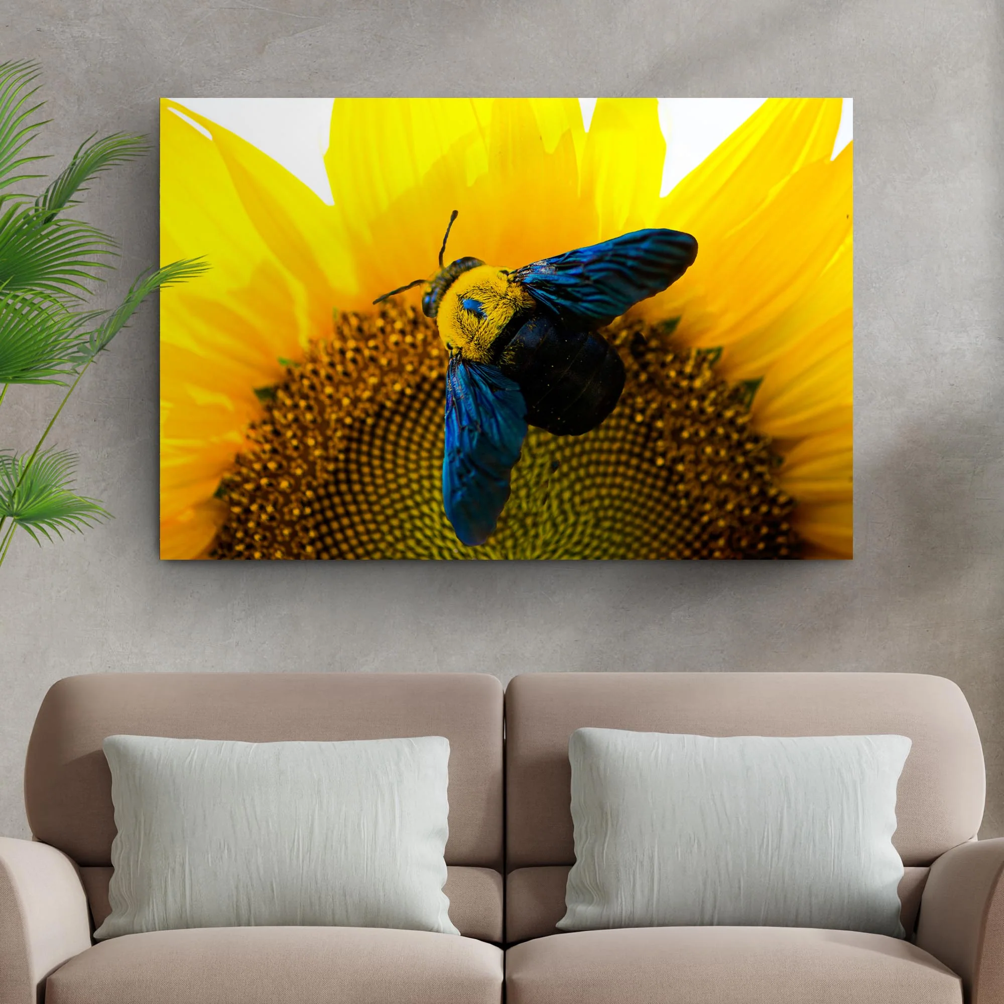 Bee Hoverfly Above A Sunflower Canvas Wall Art - Image 3