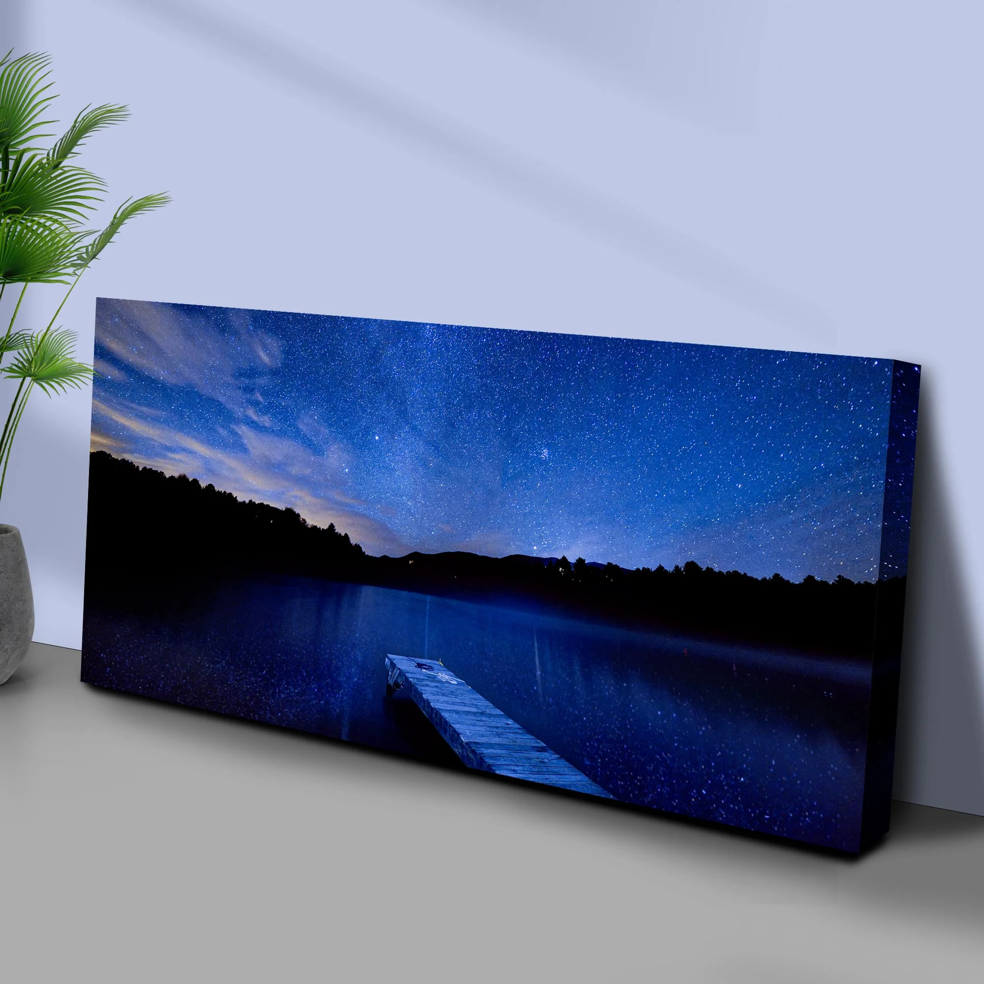Blue Starry Night Lake Forest Canvas Wall Art - Image 3