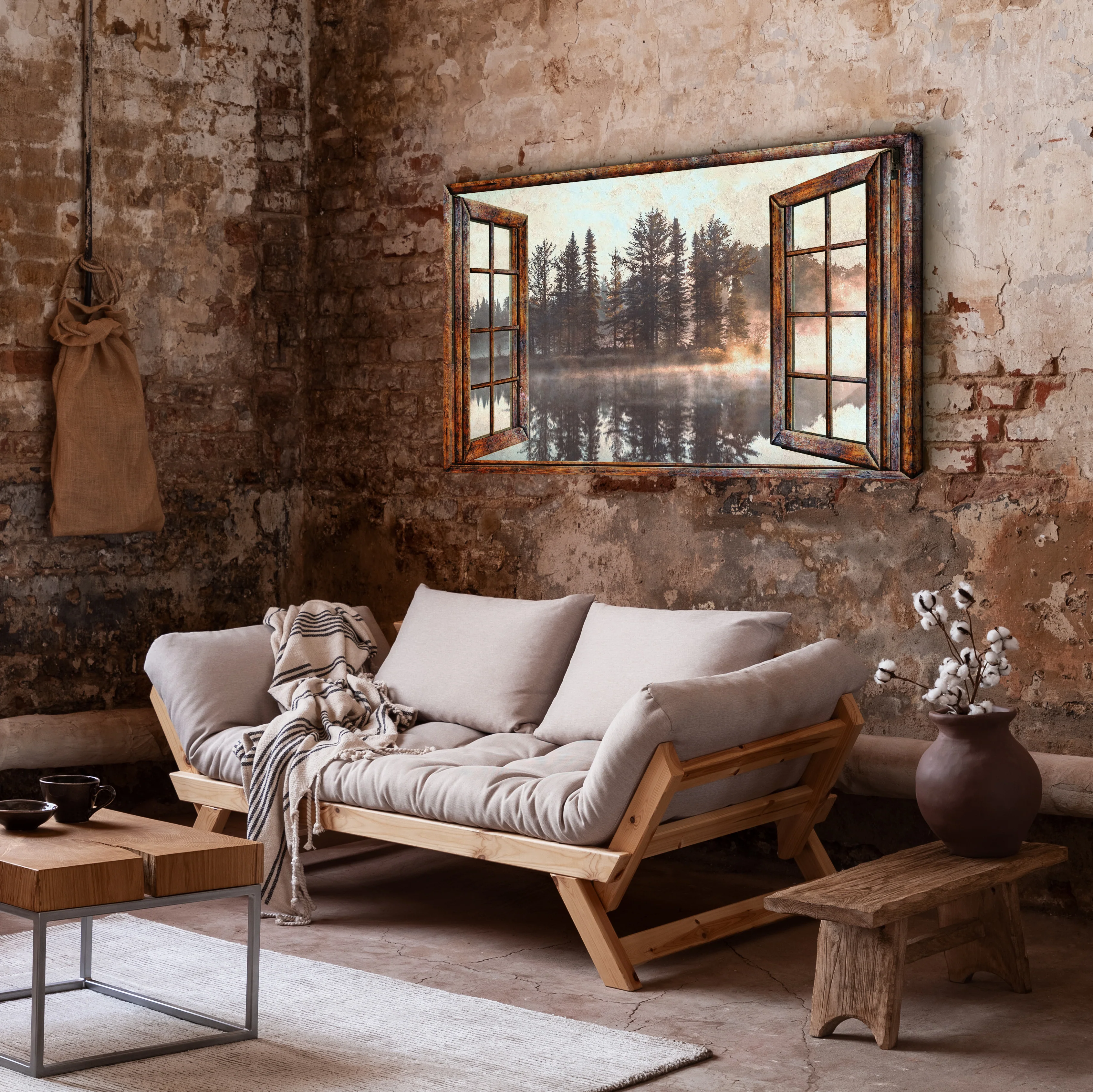 Foggy Autumn Lake View By The Window Canvas Wall Art - Image 2