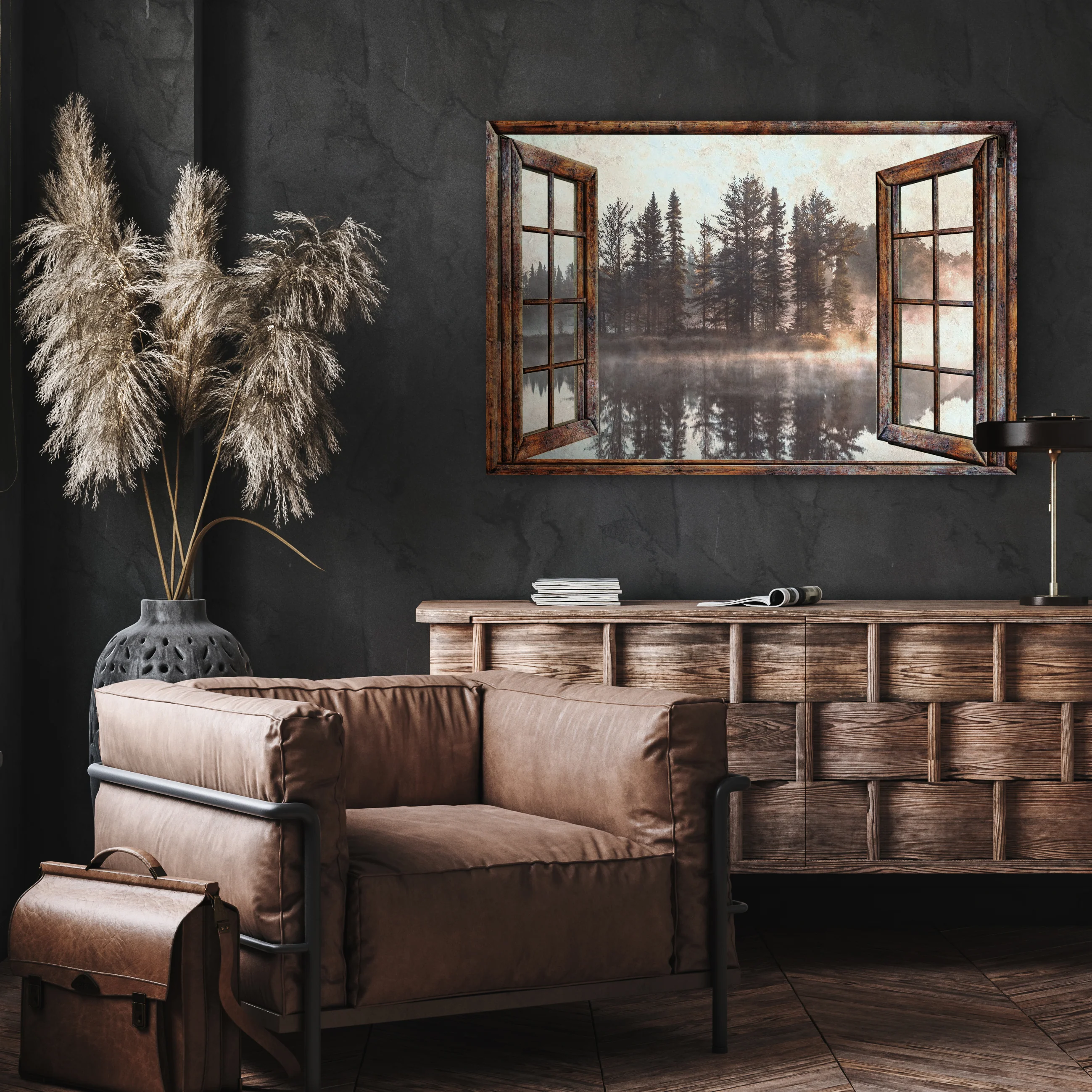 Foggy Autumn Lake View By The Window Canvas Wall Art - Image 3