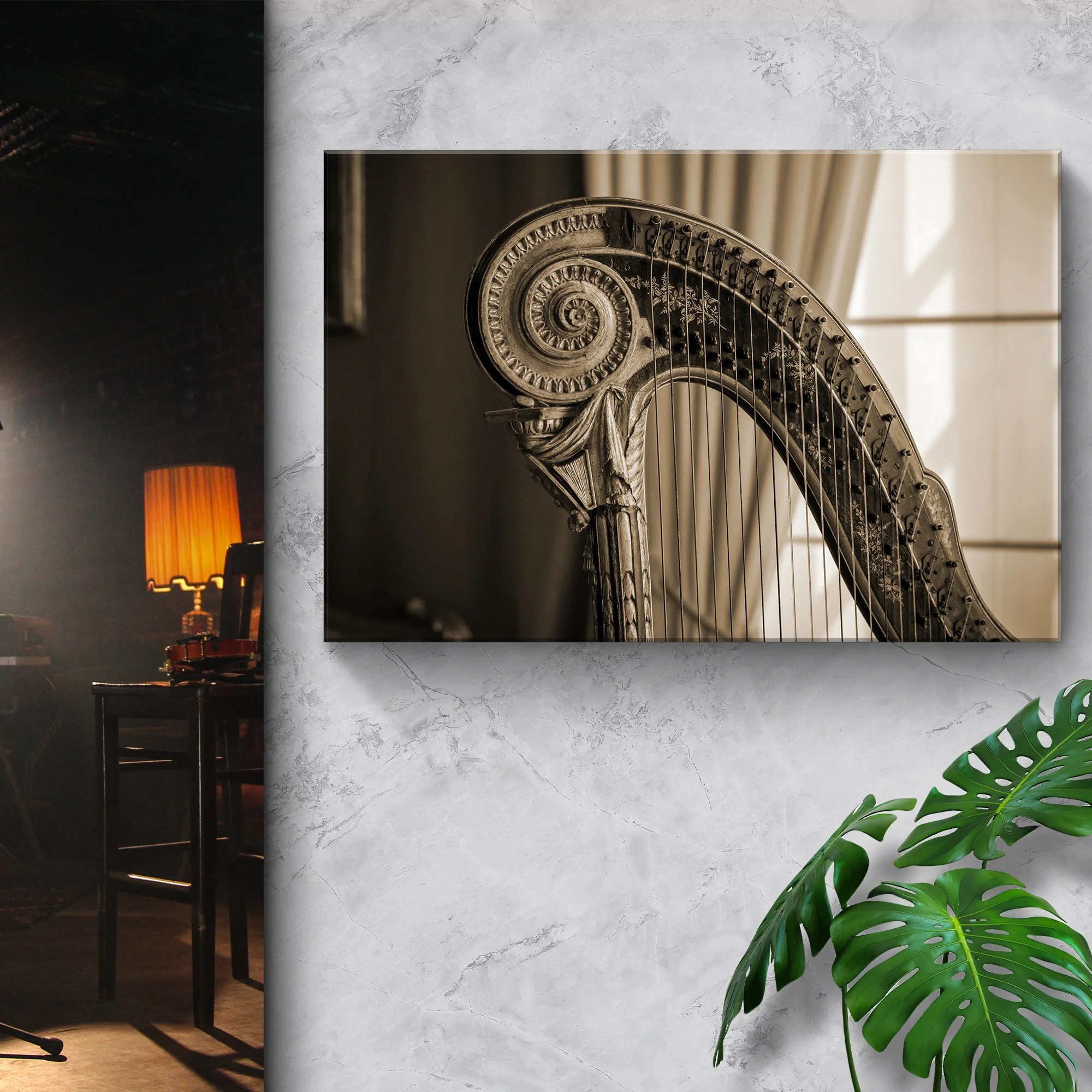 Harp Sepia Canvas Wall Art - Image 3