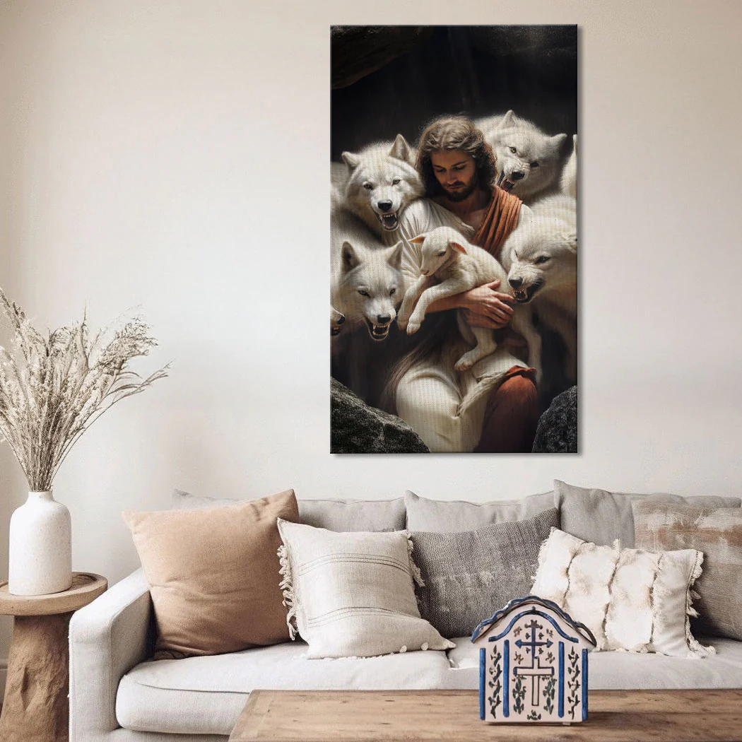 Jesus Protects The Lamb From Wolves Faith Wall Art - Image 2