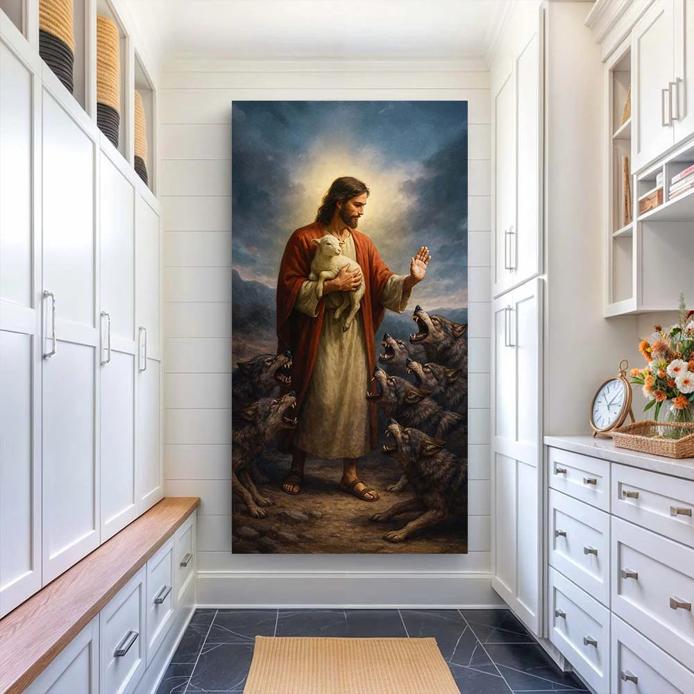 Jesus Protects The Lamb From Wolves Faith Wall Art V - Image 2