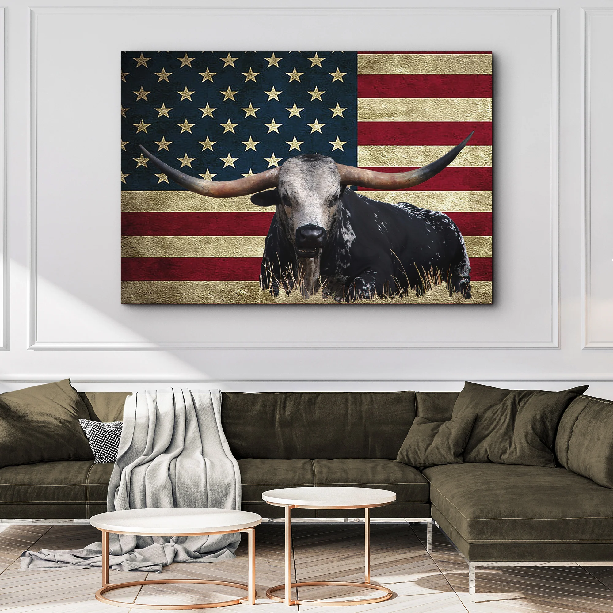 Longhorn Cattle American Flag Canvas Wall Art - Image 3