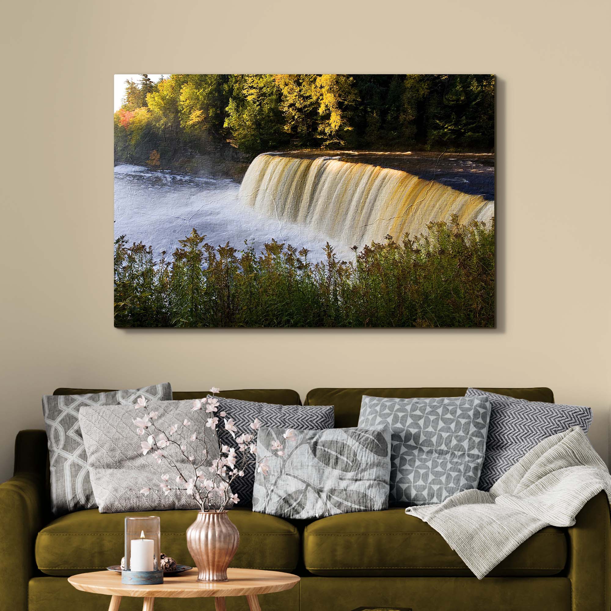Michigan Autumn Waterfall Rapids Canvas Wall Art - Image 3