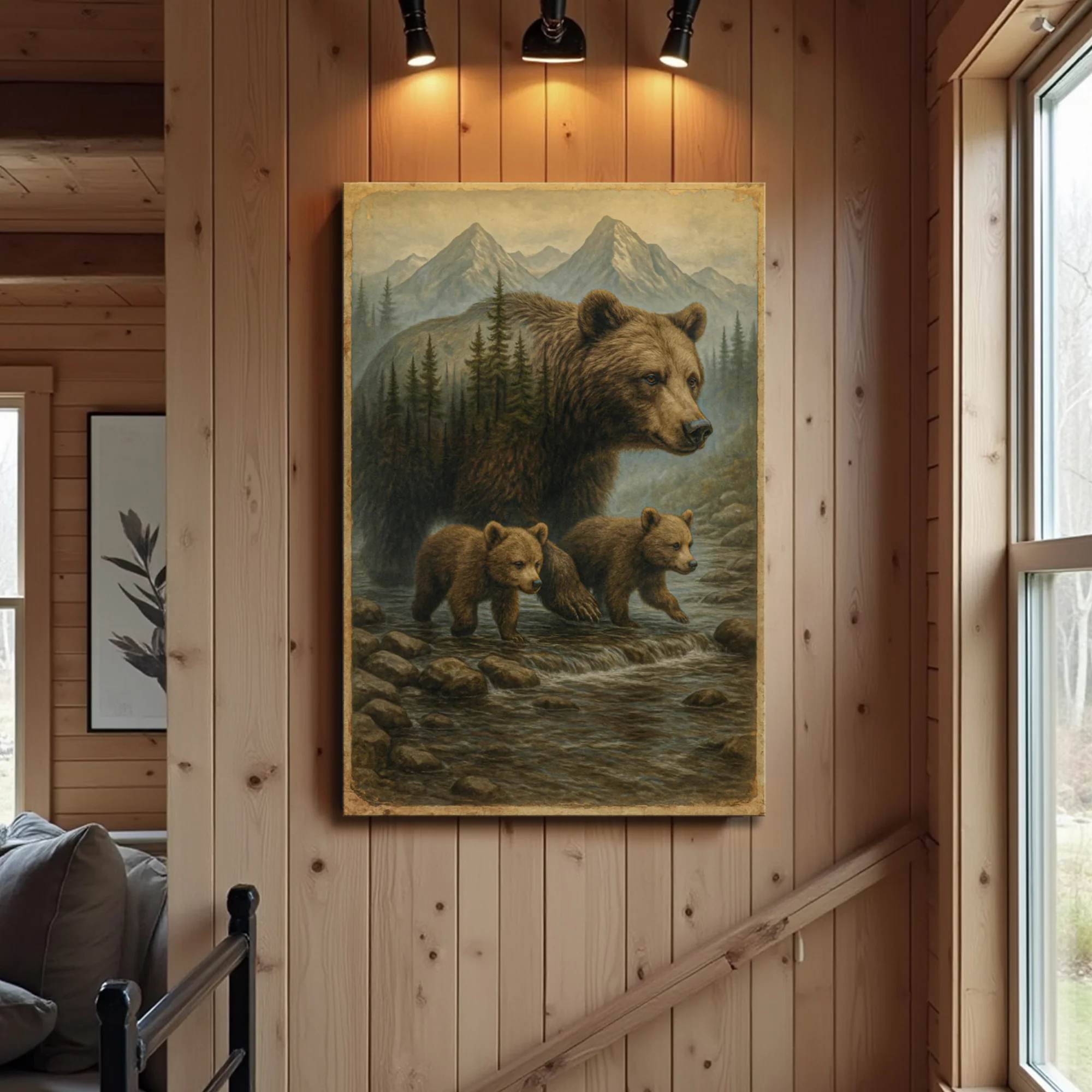 Mother Bear and Cubs Crossing Double Exposure Wall Art - Image 3