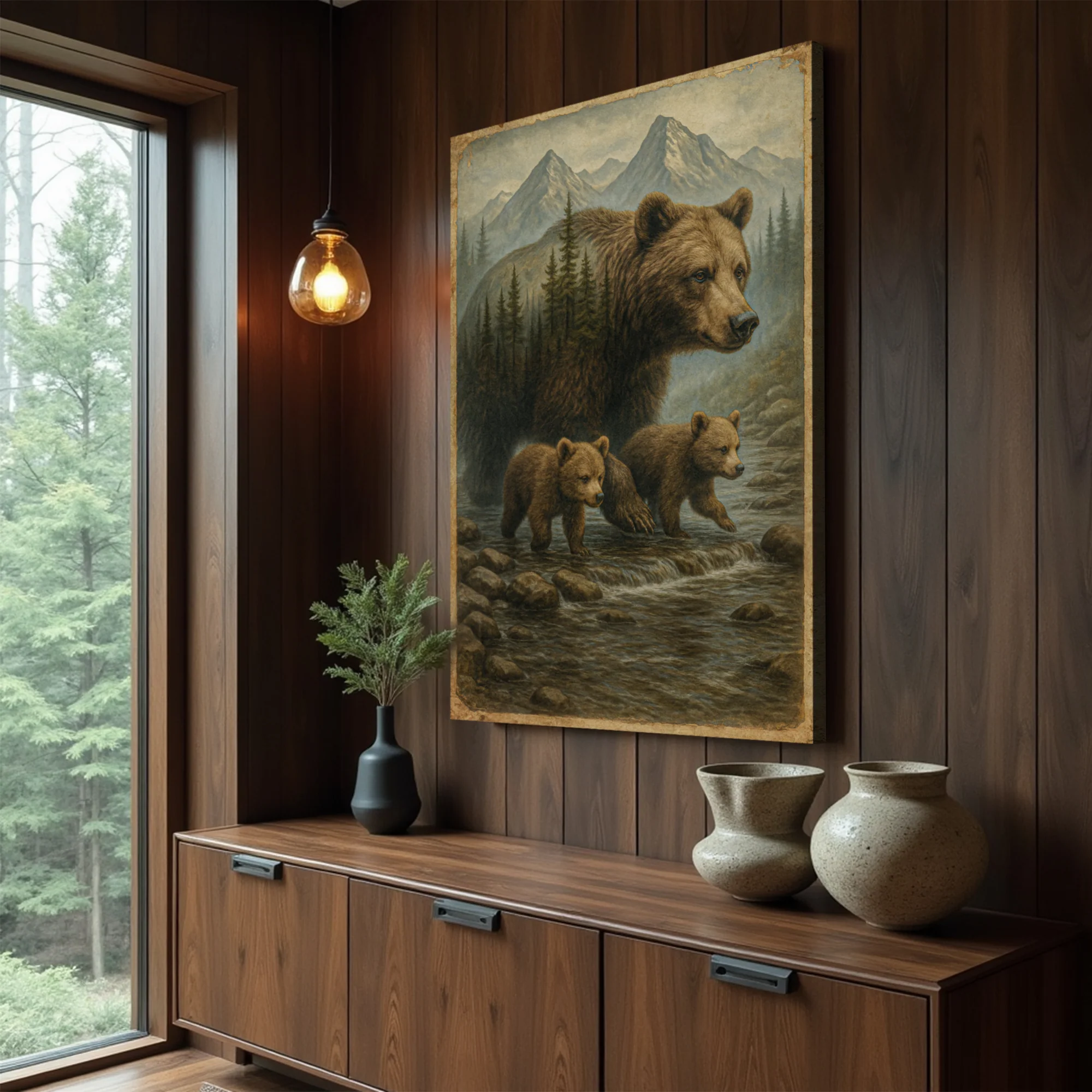 Mother Bear and Cubs Crossing Double Exposure Wall Art - Image 4