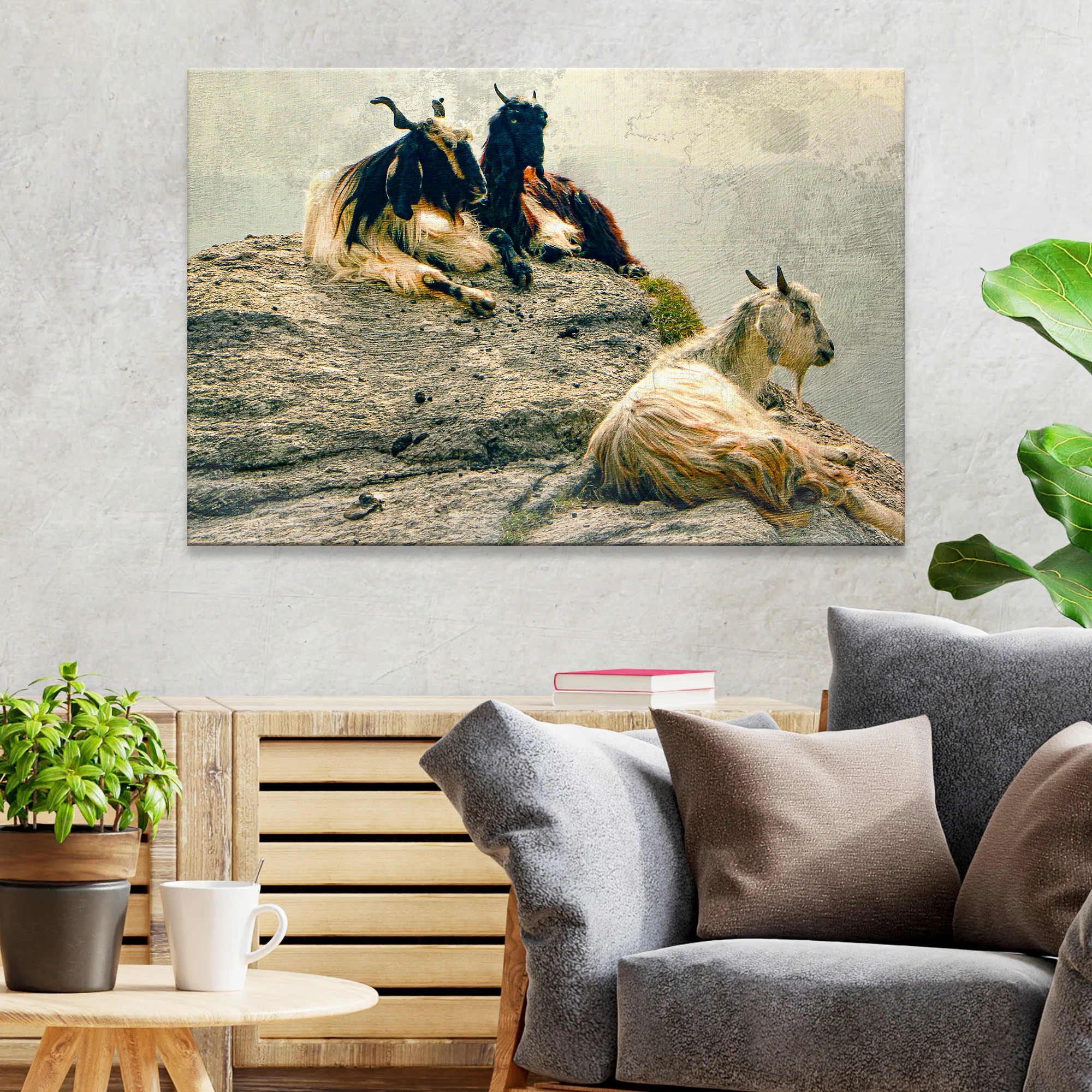 Pashmina Goats On Rocky Mountain Canvas Wall Art - Image 3