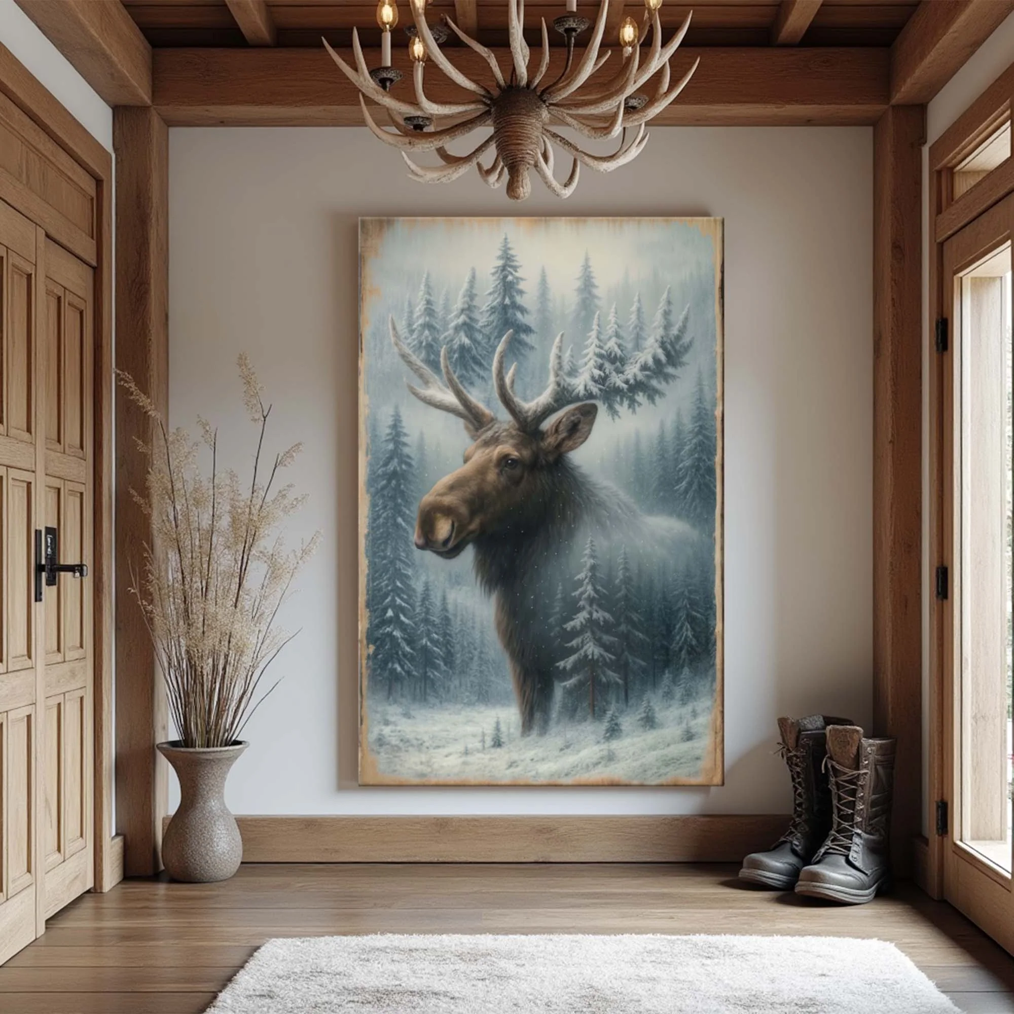 Snowy Forest Moose Double Exposure Wall Art - Image 3