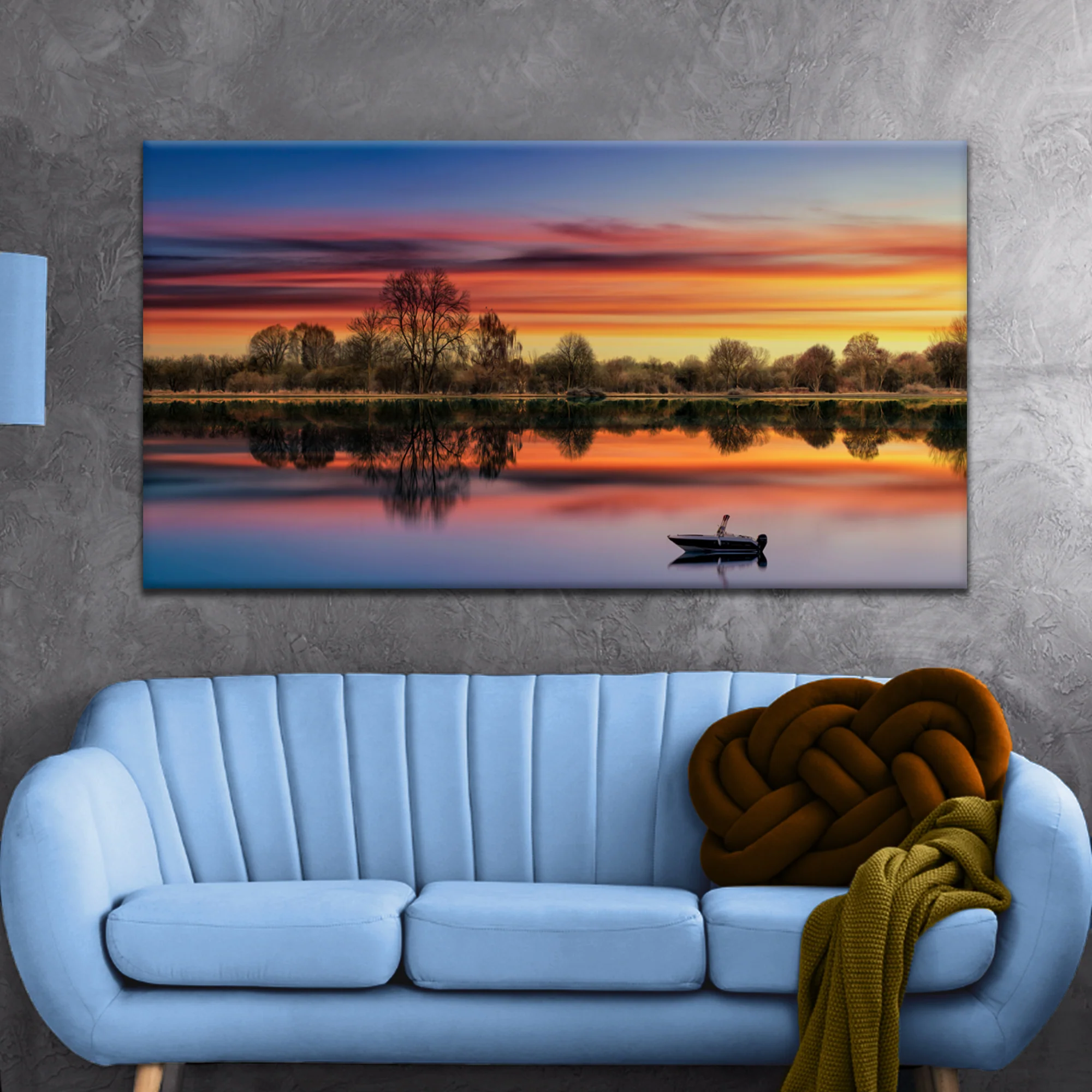 Sunset Lake Boat Canvas Wall Art - Image 3