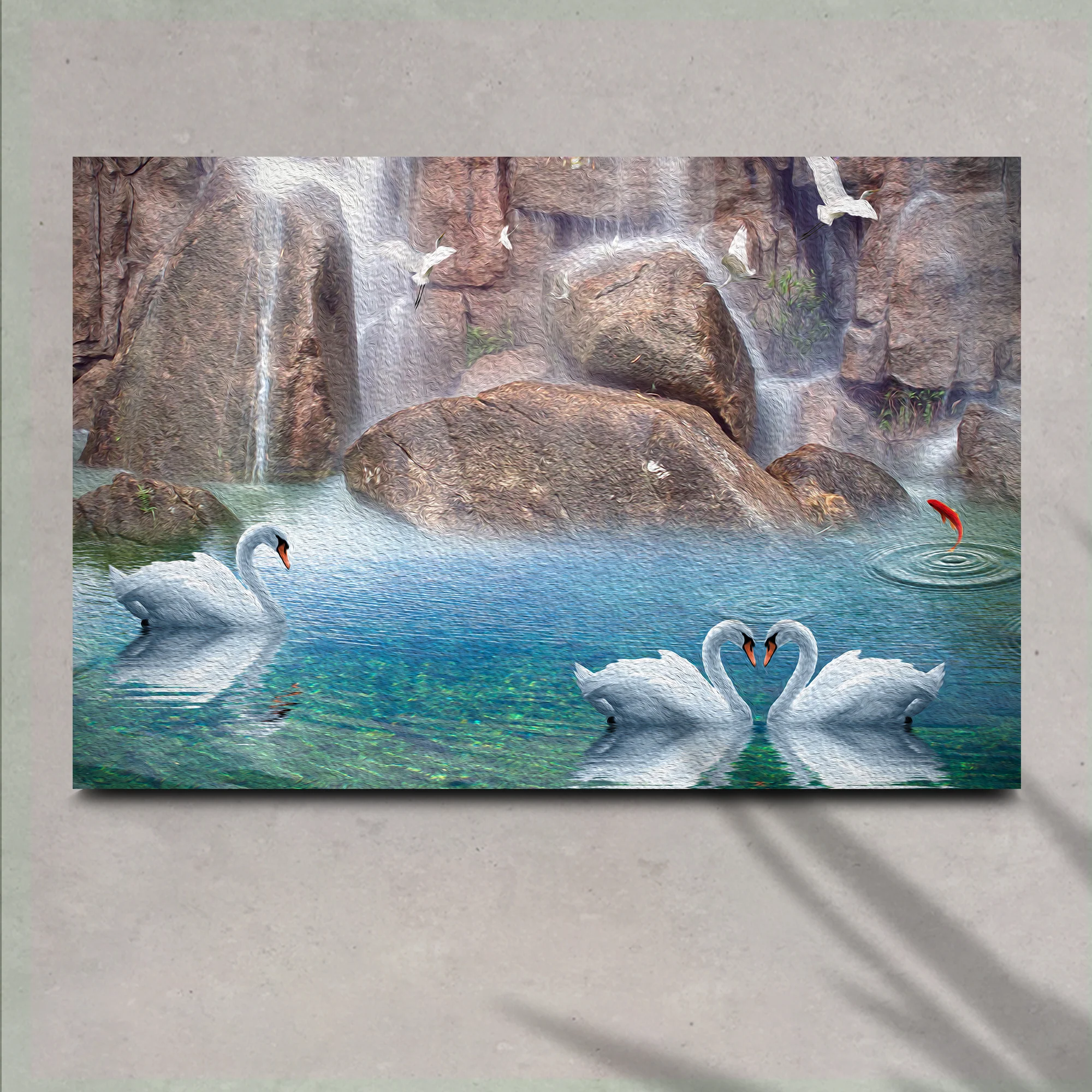 Swans by the Waterfall Canvas Wall Art - Image 2