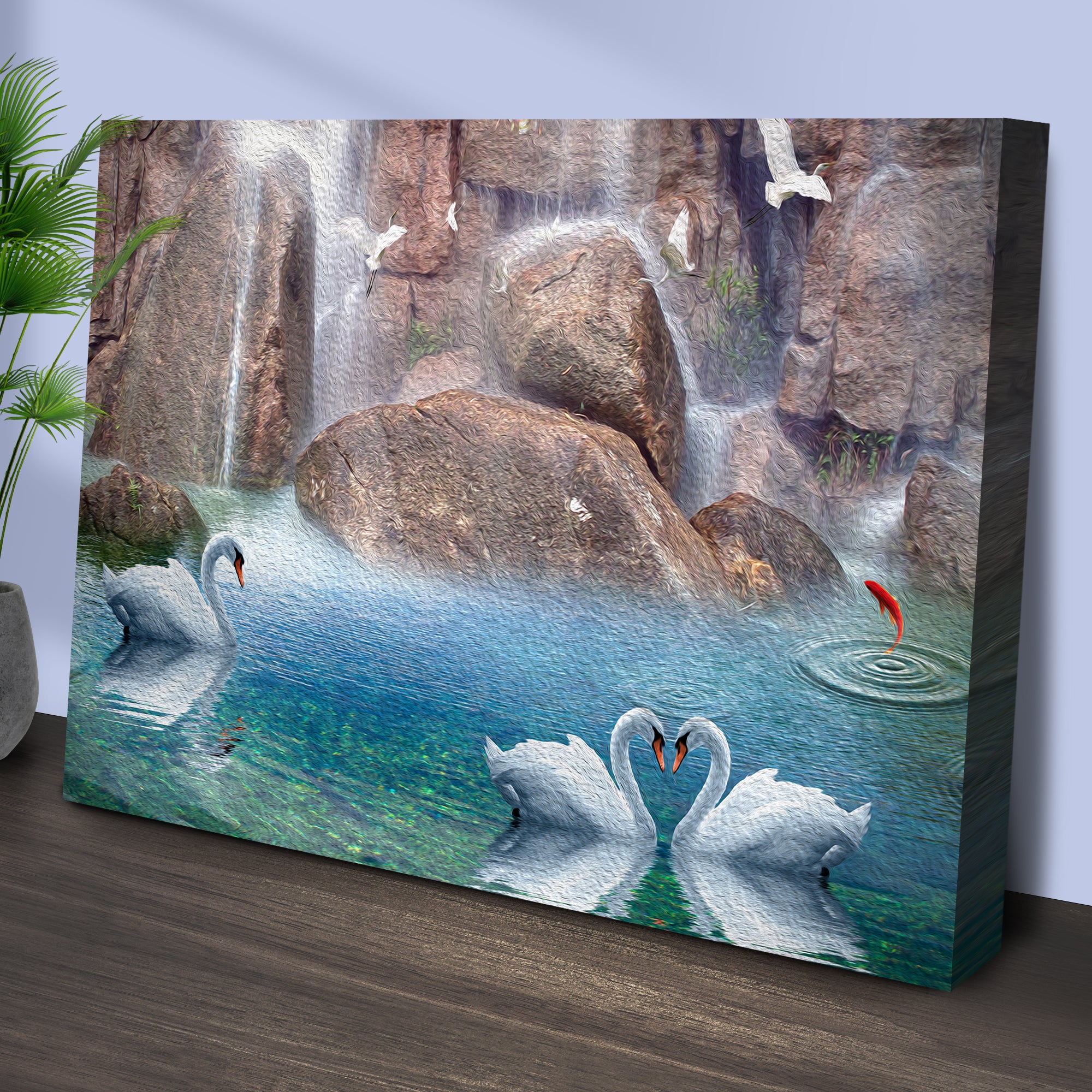 Swans by the Waterfall Canvas Wall Art - Image 3
