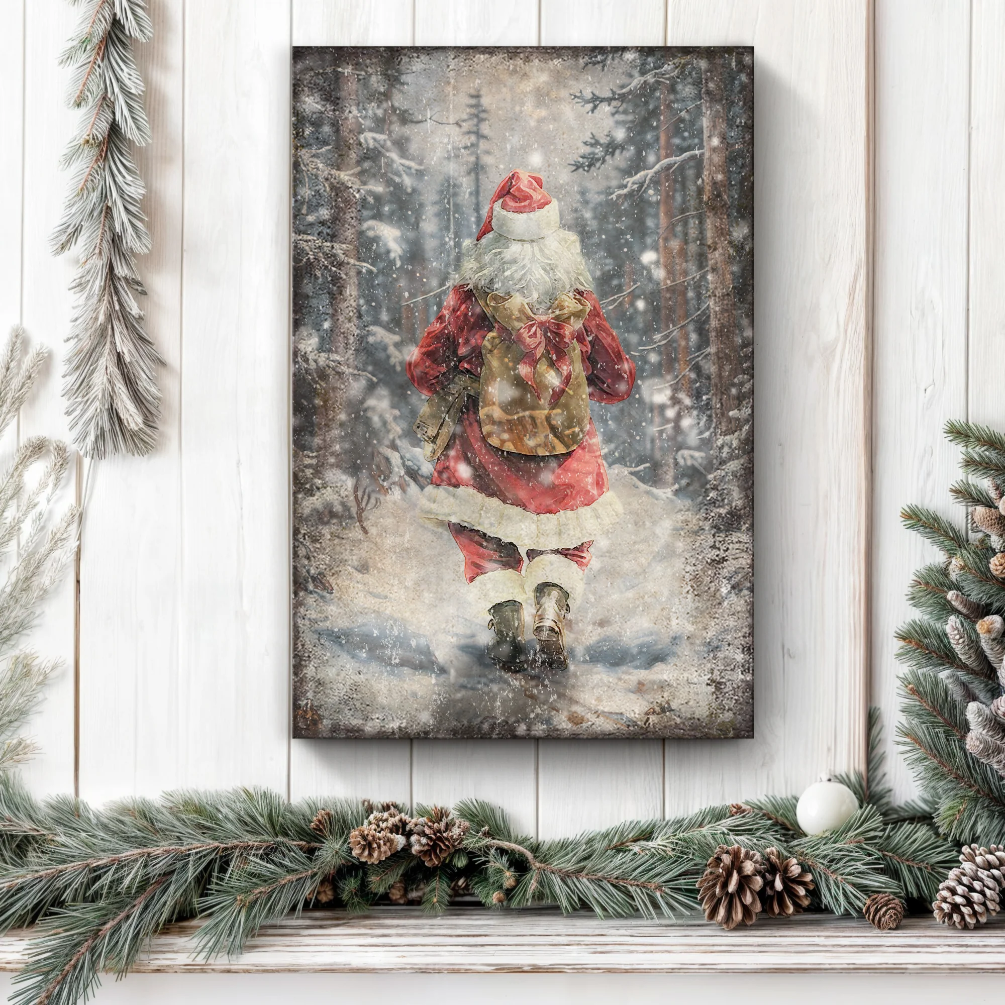 Vintage Santa Claus in Winter Forest Christmas Wall Art II - Image 2
