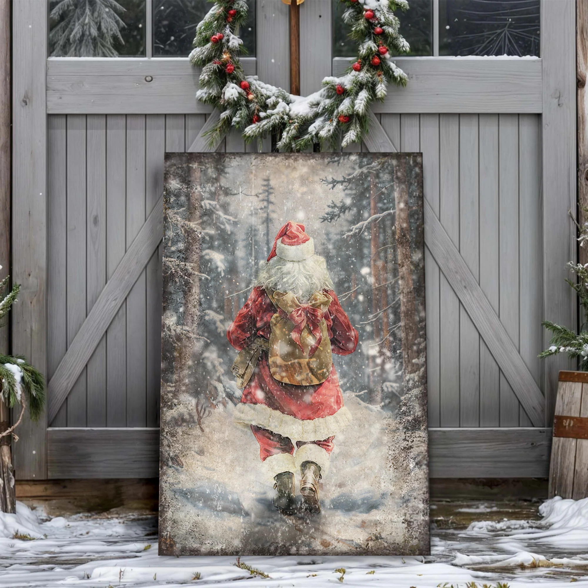 Vintage Santa Claus in Winter Forest Christmas Wall Art II - Image 3