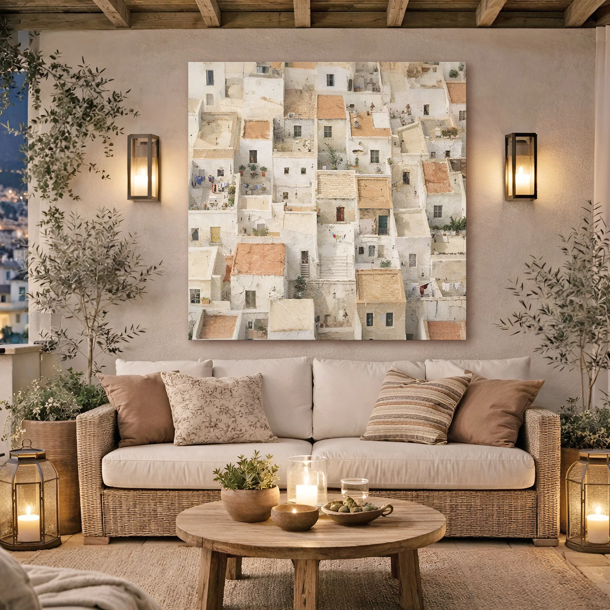 Aerial City — Textured Rooftops With Tiny Life Wall Art