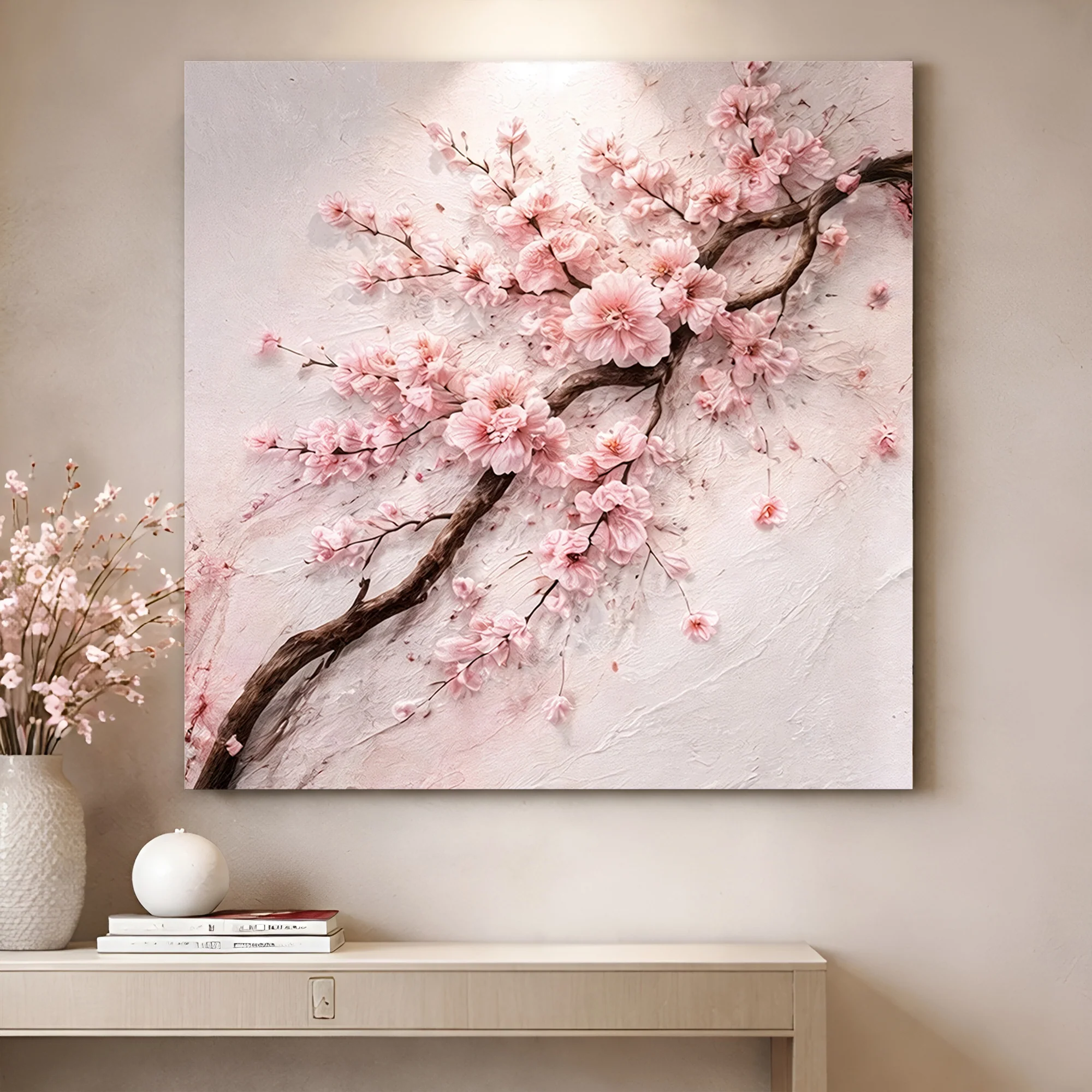 Impasto Cherry Blossom Branch — Pink On White Wall Art