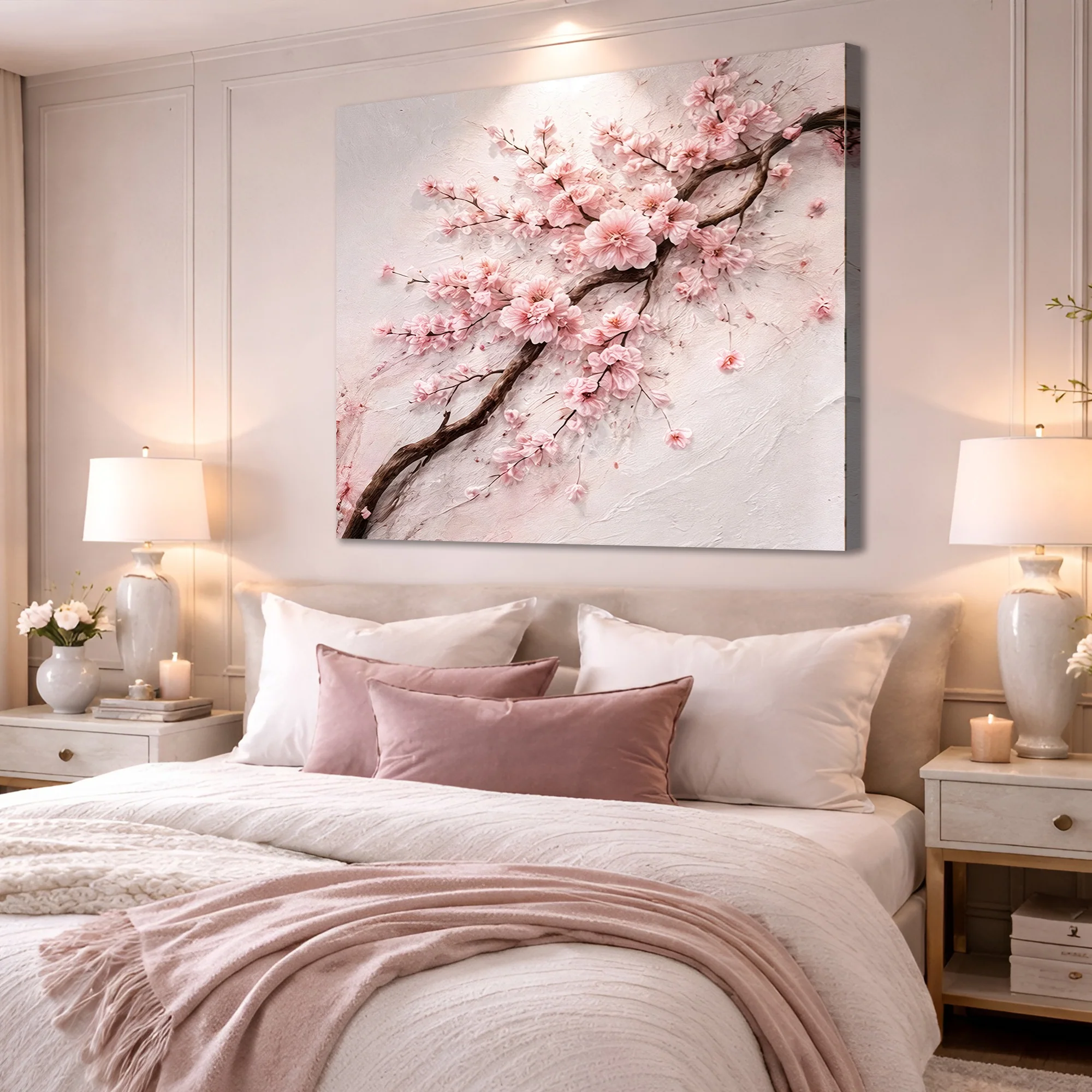 Impasto Cherry Blossom Branch — Pink On White Wall Art - Image 2