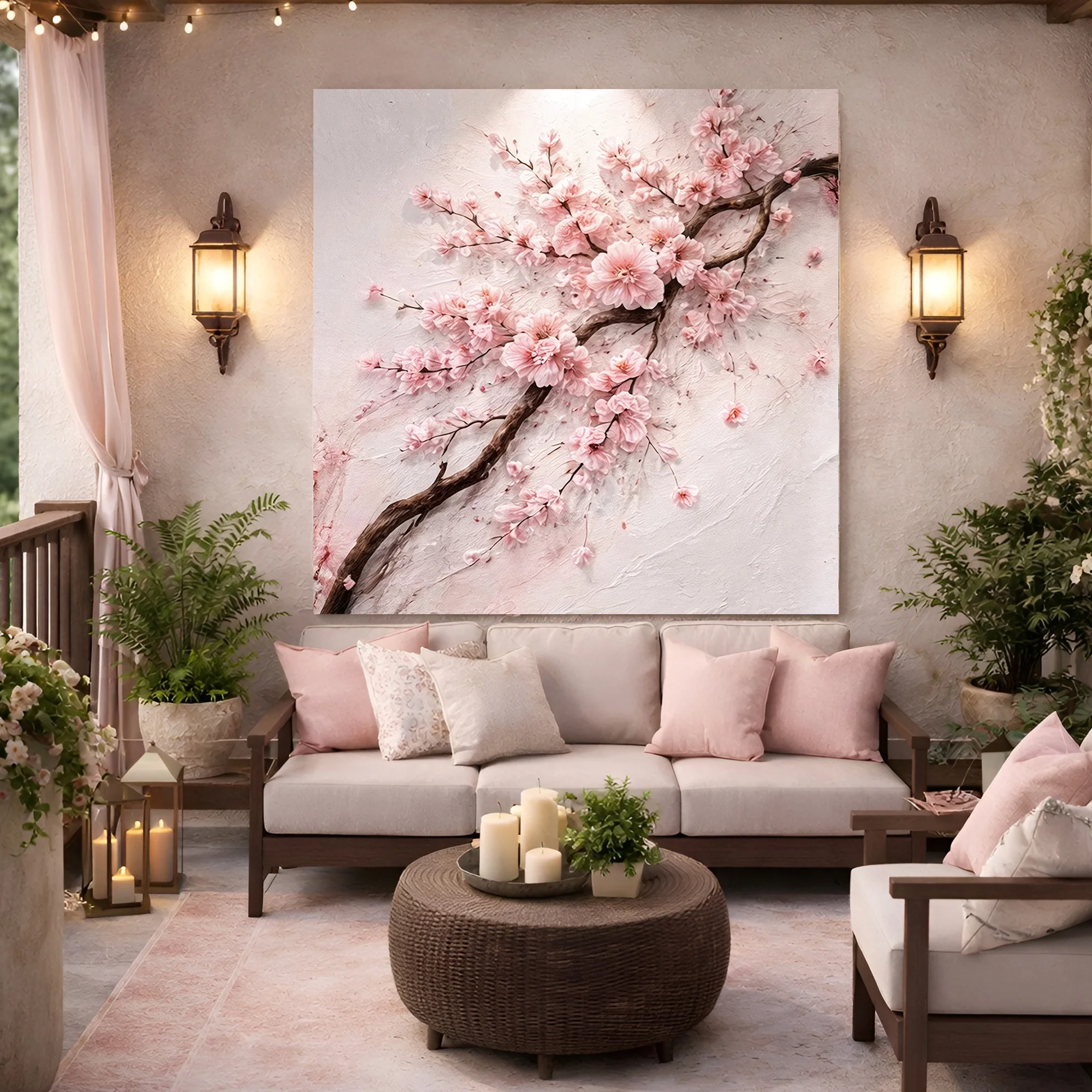 Impasto Cherry Blossom Branch — Pink On White Wall Art - Image 3