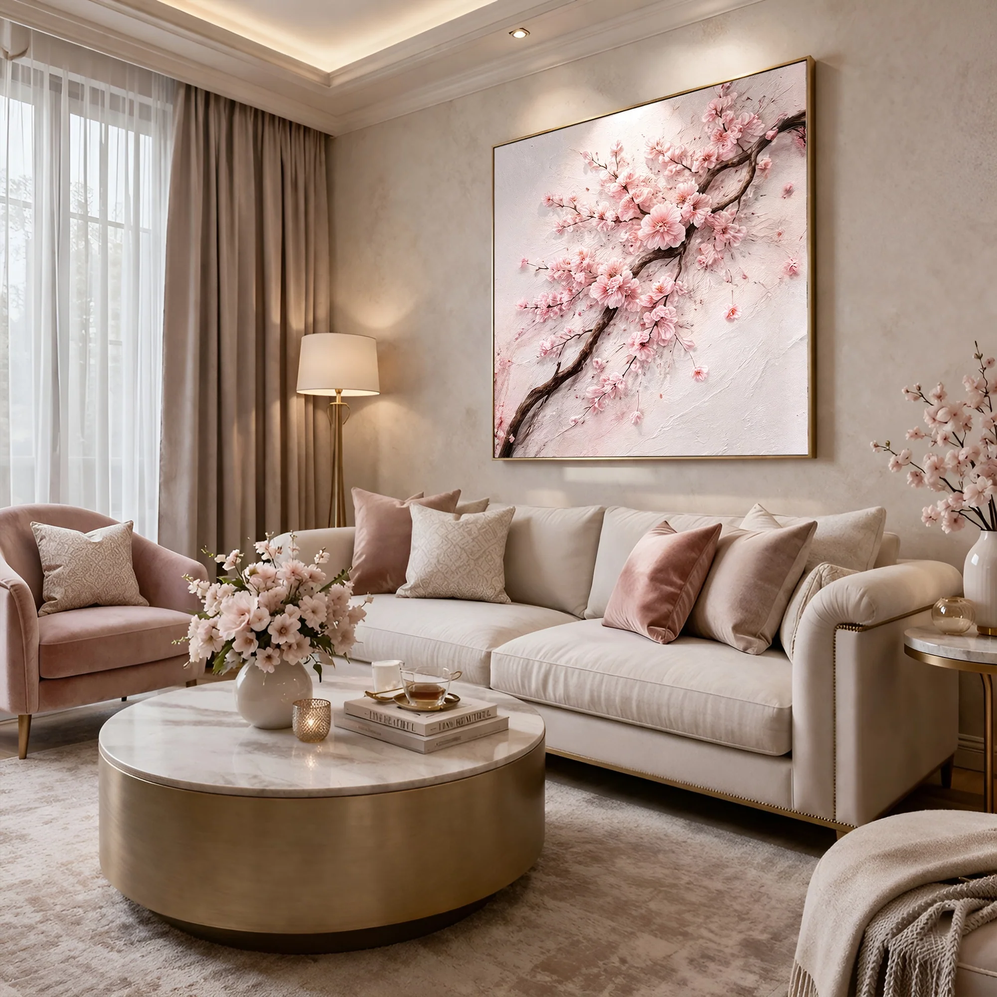 Impasto Cherry Blossom Branch — Pink On White Wall Art - Image 4