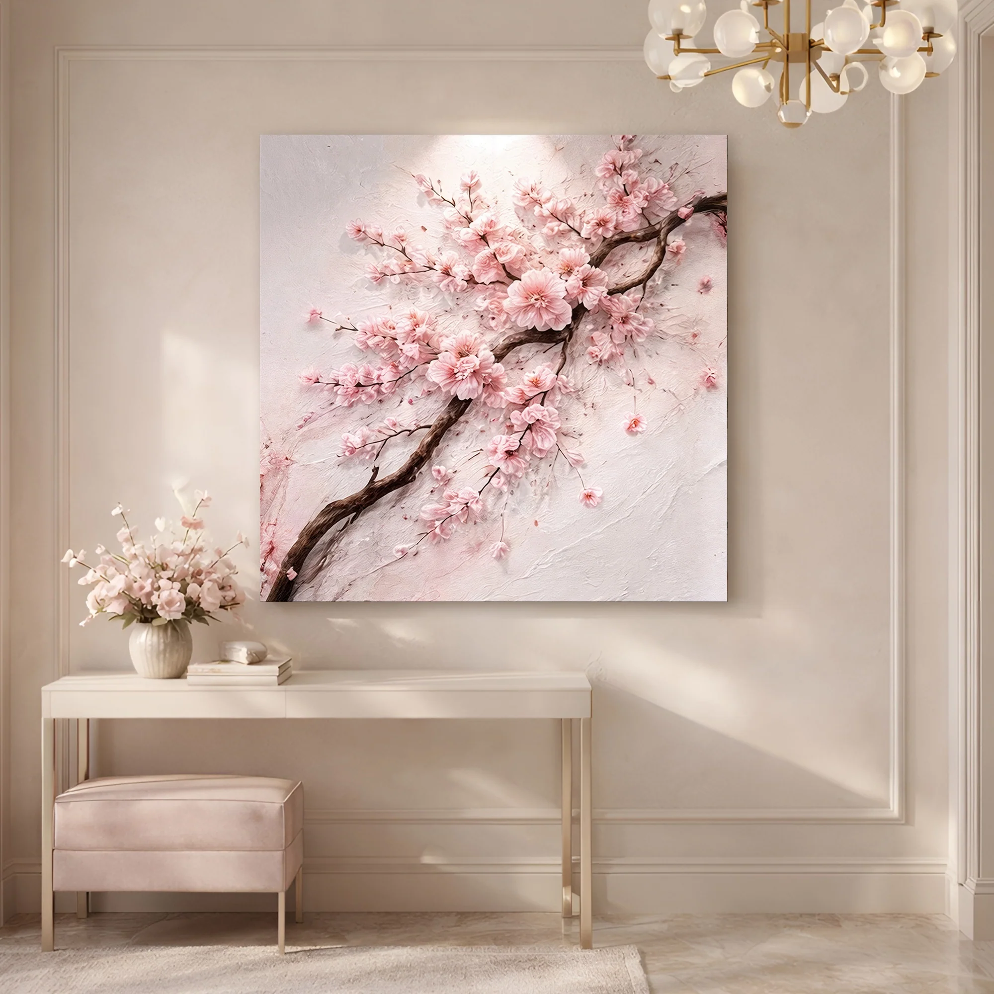 Impasto Cherry Blossom Branch — Pink On White Wall Art - Image 5