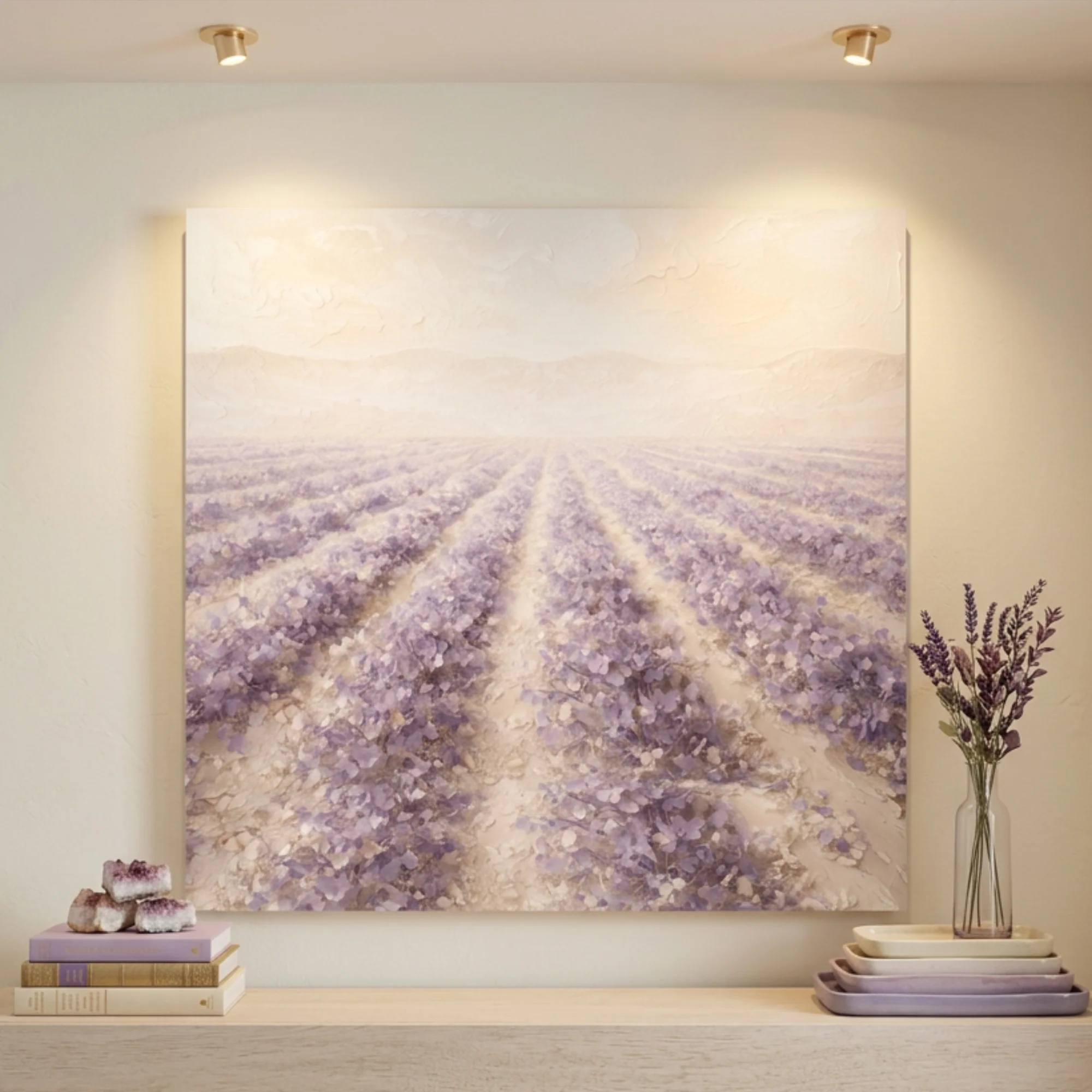 Impasto Lavender Field — Rows Of Purple On Cream Wall Art