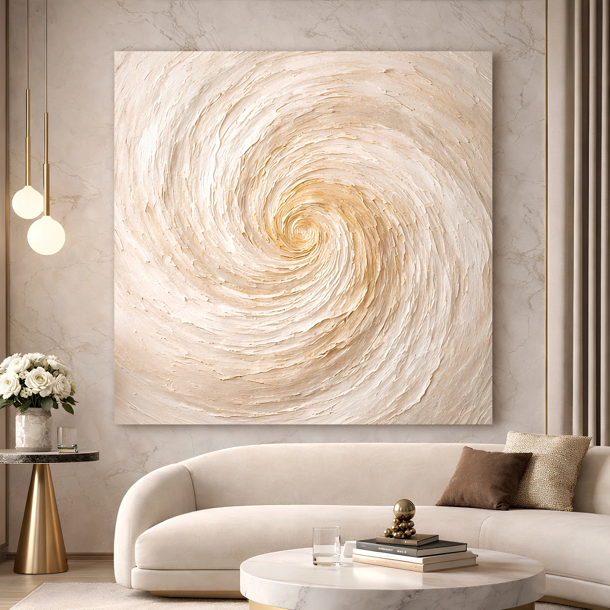 Neutral Gold Abstract — Large Spiral Wall Art