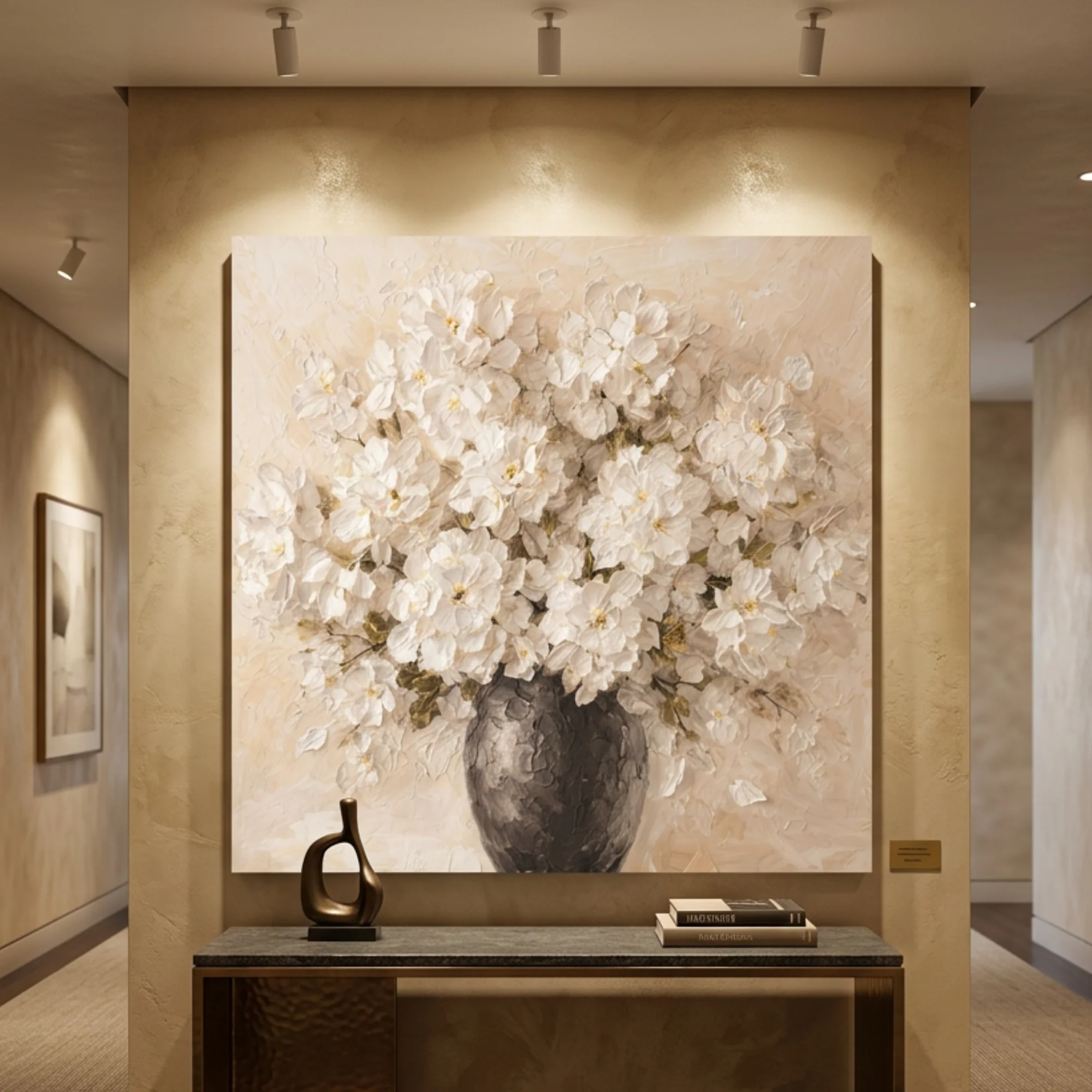 White Impasto Flowers In Vase — Bouquet Wall Art