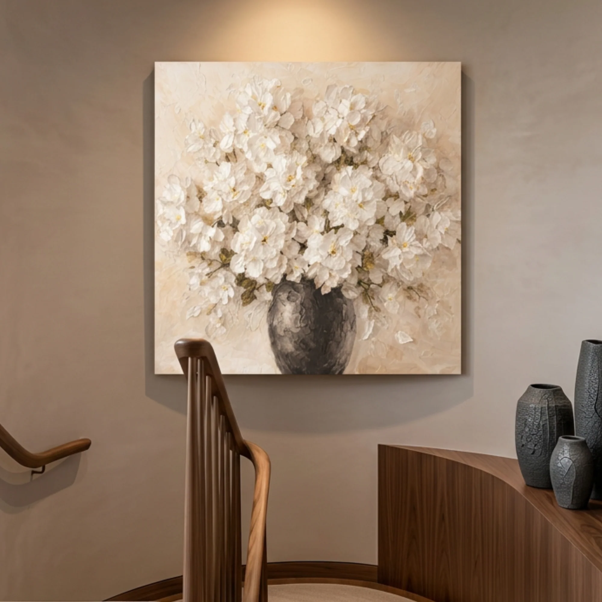 White Impasto Flowers In Vase — Bouquet Wall Art - Image 3