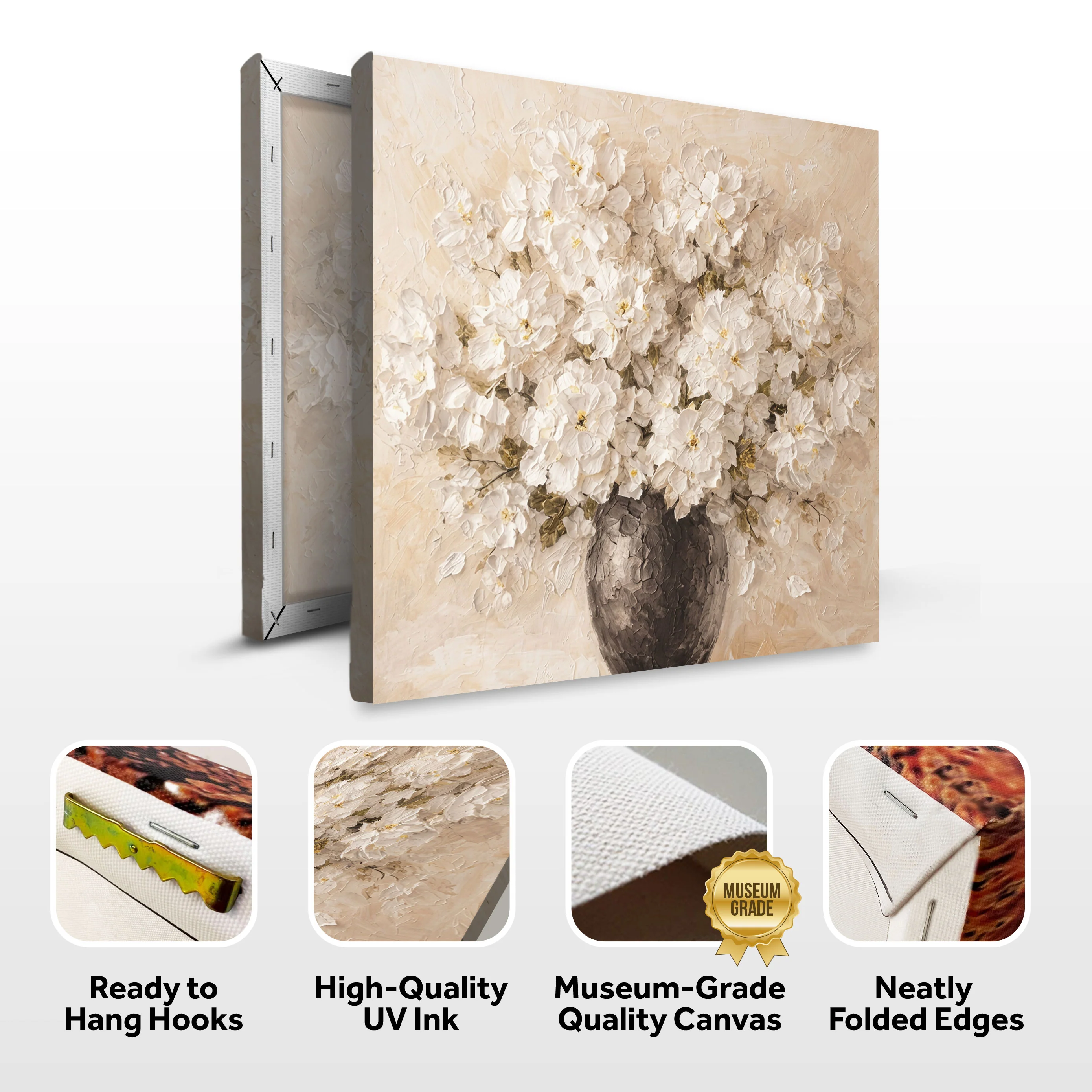 White Impasto Flowers In Vase — Bouquet Wall Art - Image 8
